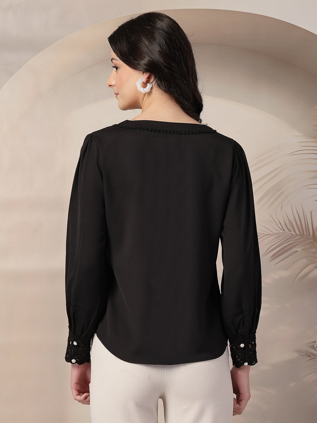 Style Quotient Women Solid Black Polymoss Regular Fit Formal Lace Insert Shirt-Shirts-StyleQuotient