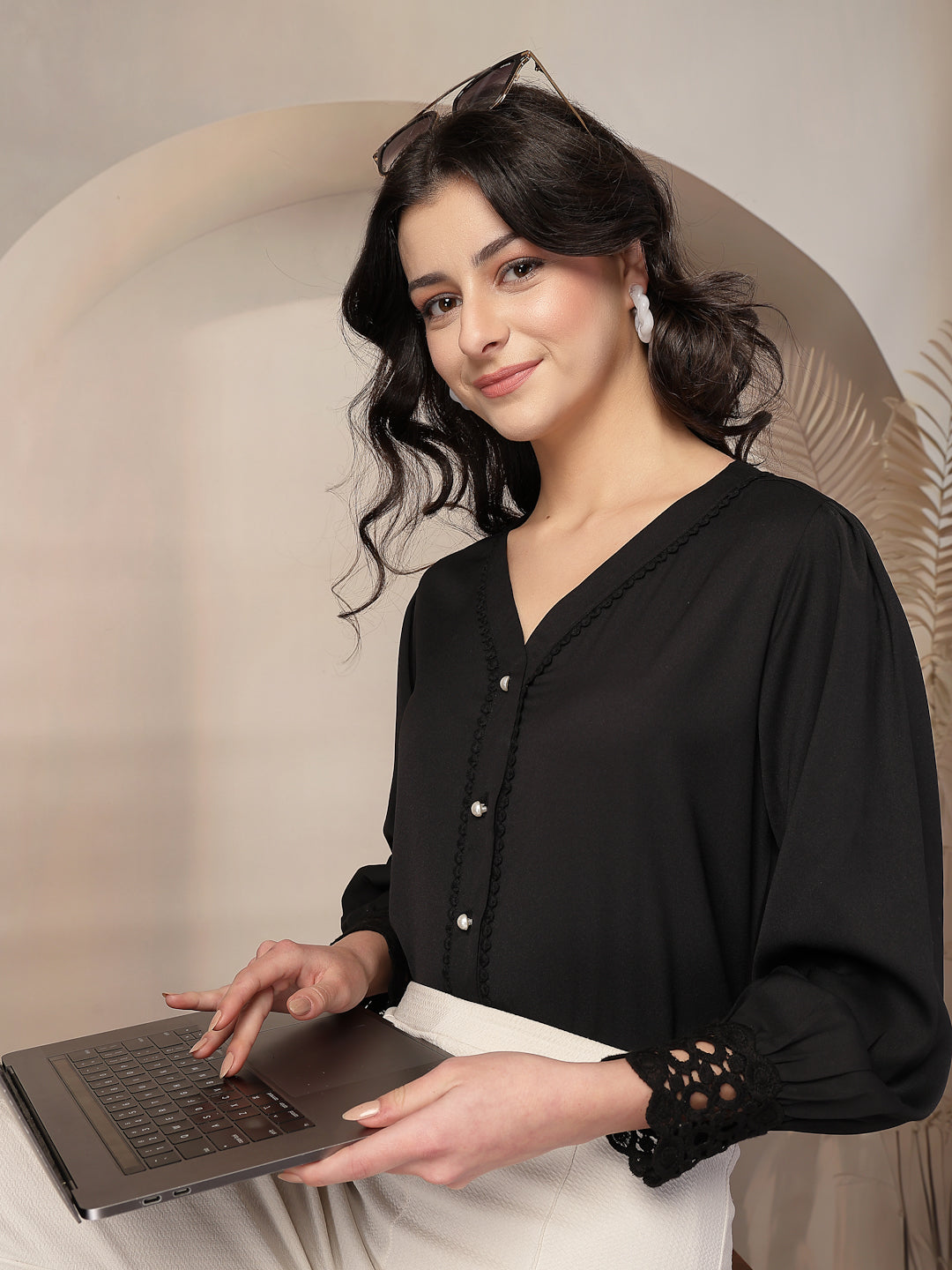 Style Quotient Women Solid Black Polymoss Regular Fit Formal Lace Insert Shirt-Shirts-StyleQuotient