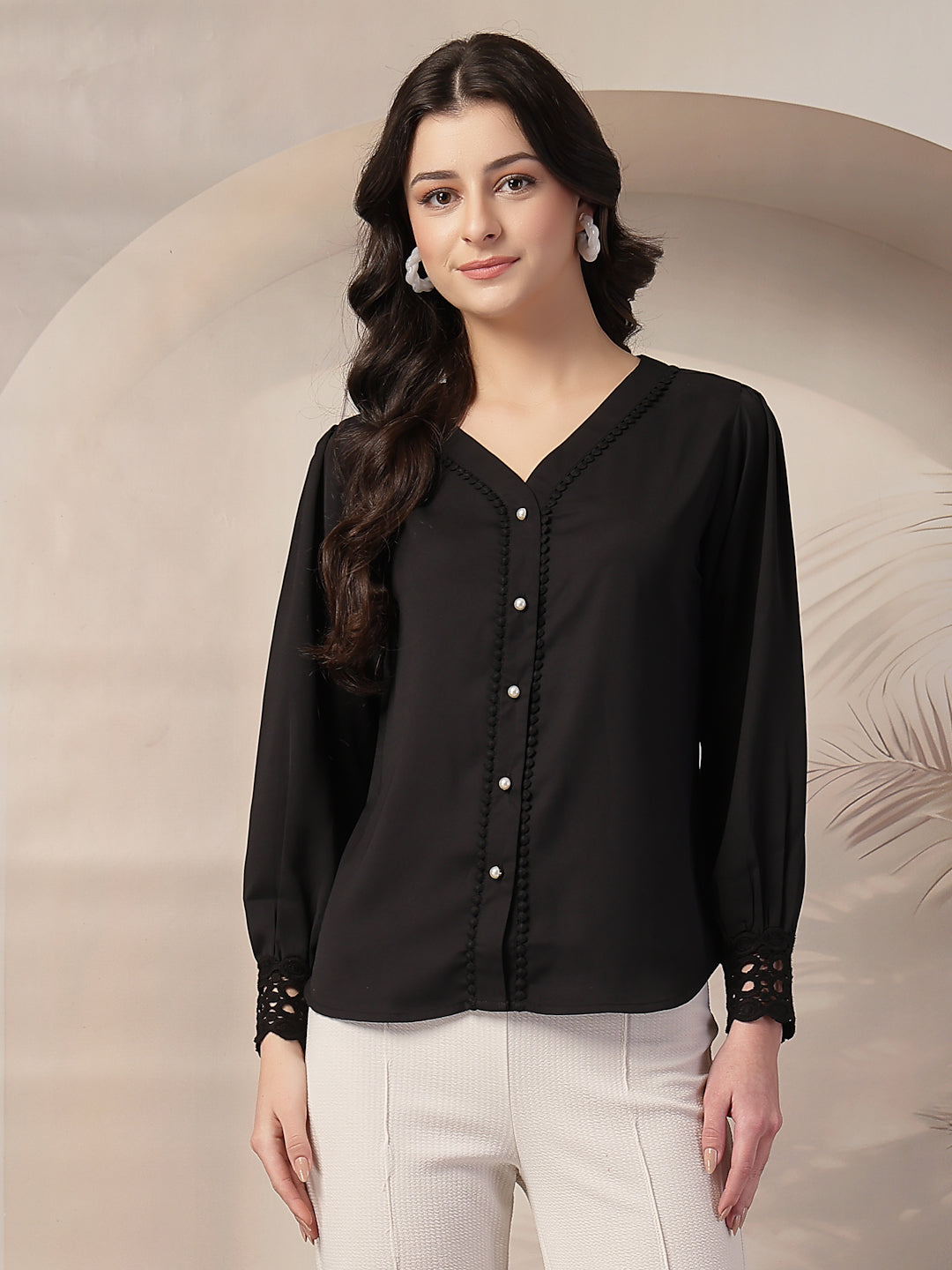 Style Quotient Women Solid Black Polymoss Regular Fit Formal Lace Insert Shirt-Shirts-StyleQuotient