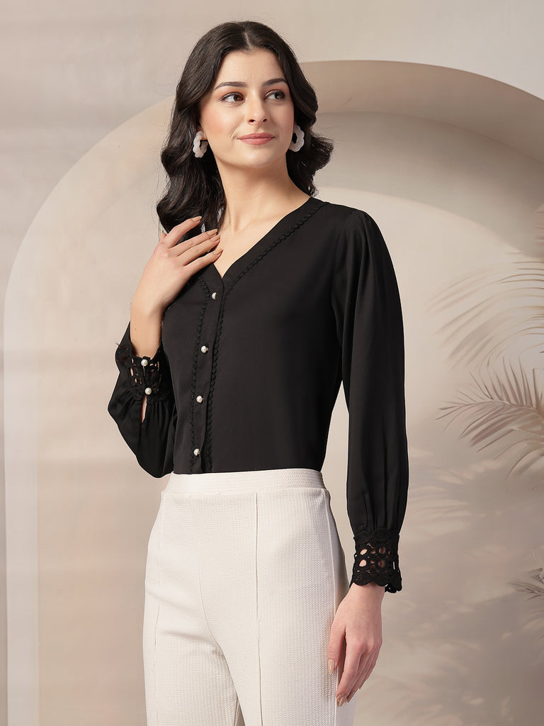 Style Quotient Women Solid Black Polymoss Regular Fit Formal Lace Insert Shirt-Shirts-StyleQuotient