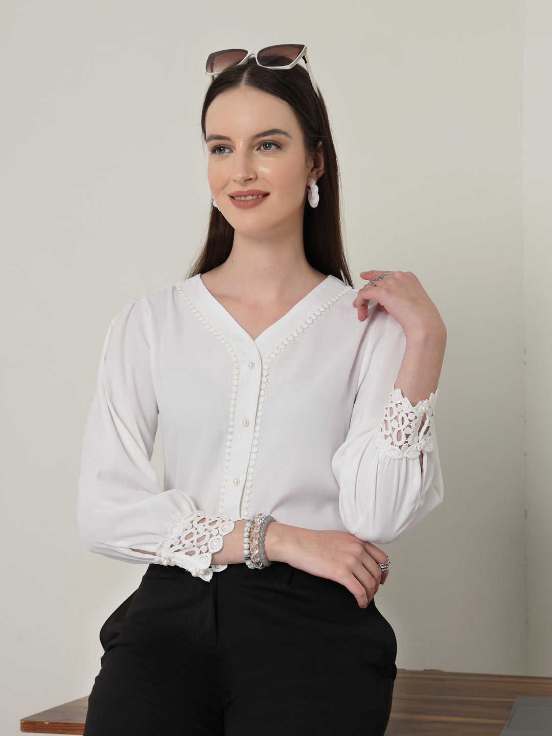 Style Quotient Women Solid White Polymoss Regular Fit Formal Lace Insert Shirt-Shirts-StyleQuotient