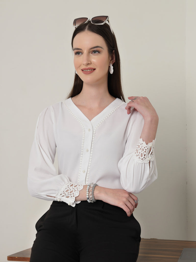 Style Quotient Women Solid White Polymoss Regular Fit Formal Lace Insert Shirt-Shirts-StyleQuotient