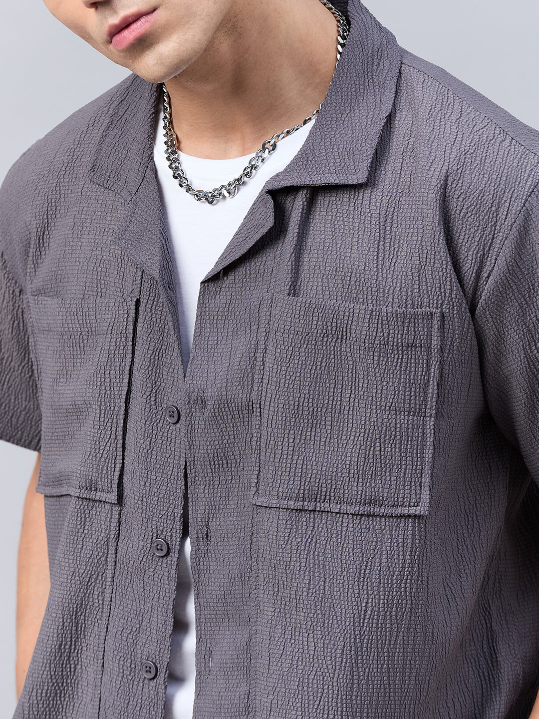 Style Quotient Men Grey Self Design Dropped Shoulder Shirt-Mens Shirt-StyleQuotient