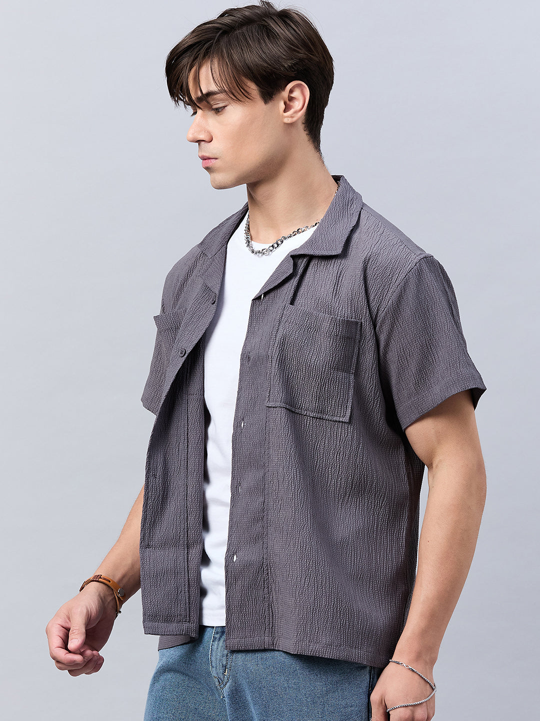 Style Quotient Men Grey Self Design Dropped Shoulder Shirt-Mens Shirt-StyleQuotient