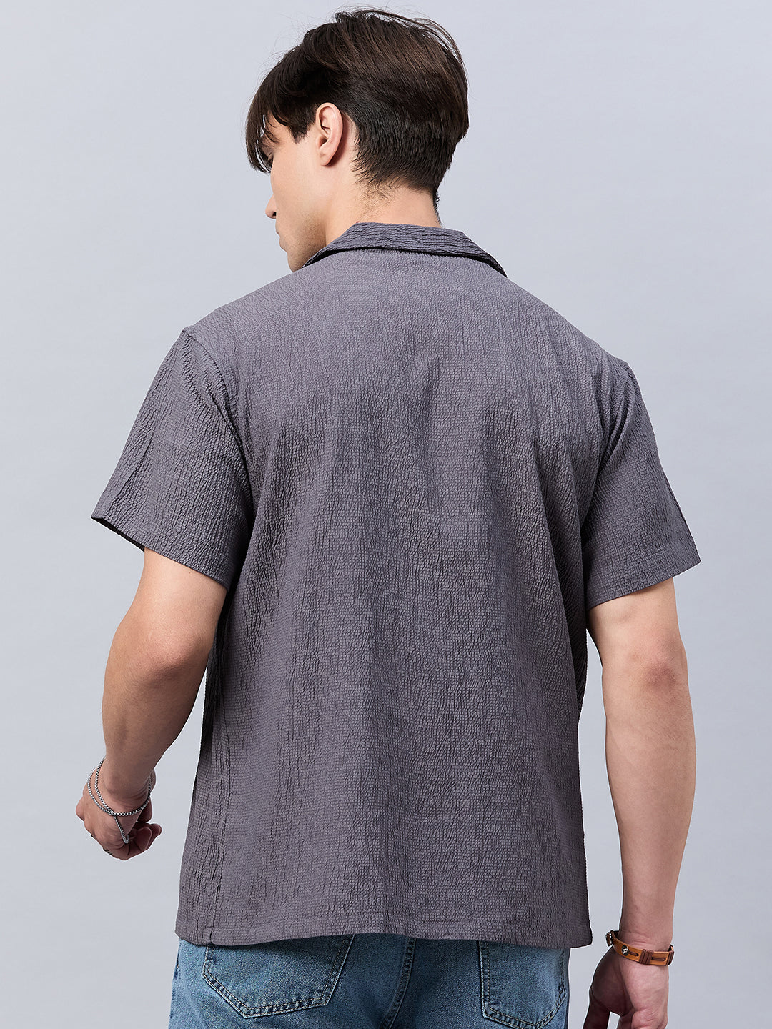 Style Quotient Men Grey Self Design Dropped Shoulder Shirt-Mens Shirt-StyleQuotient