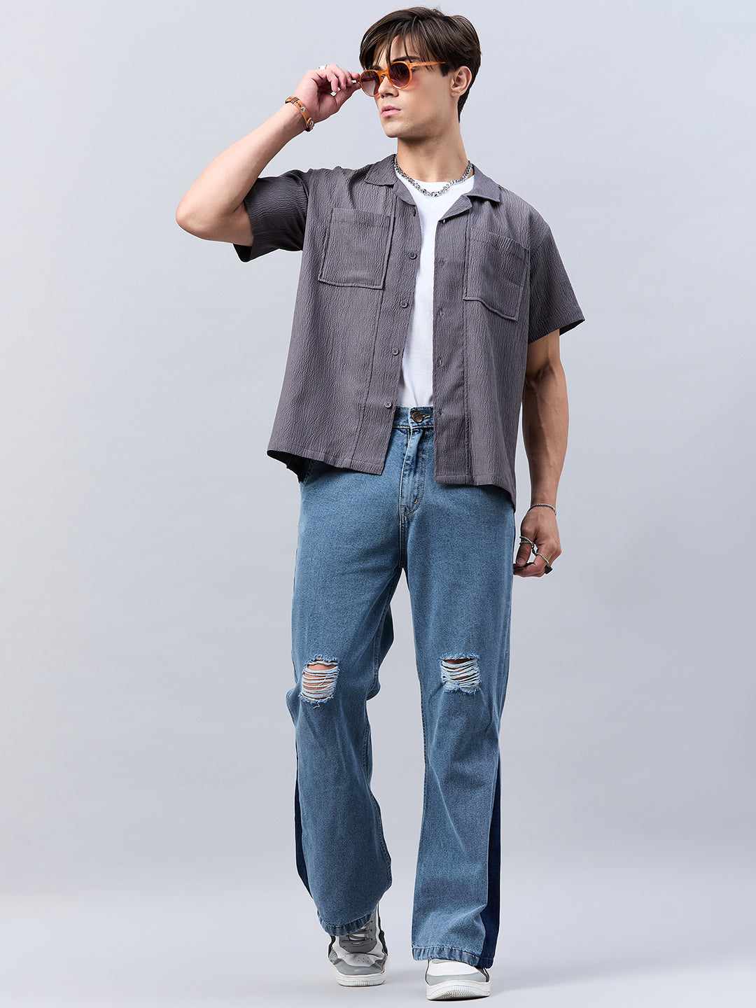 Style Quotient Men Grey Self Design Dropped Shoulder Shirt-Mens Shirt-StyleQuotient