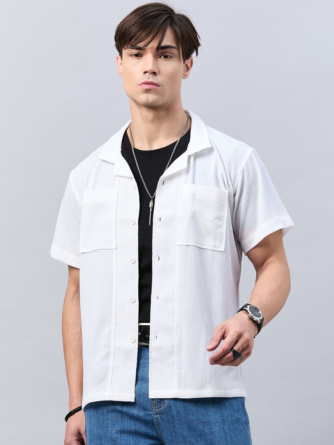 Style Quotient Men White Self Design Dropped Shoulder Shirt-Mens Shirt-StyleQuotient