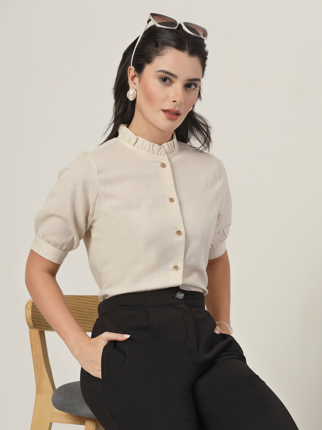Style Quotient Women Solid Beige Regular Fit Flex Formal Shirt-Shirts-StyleQuotient