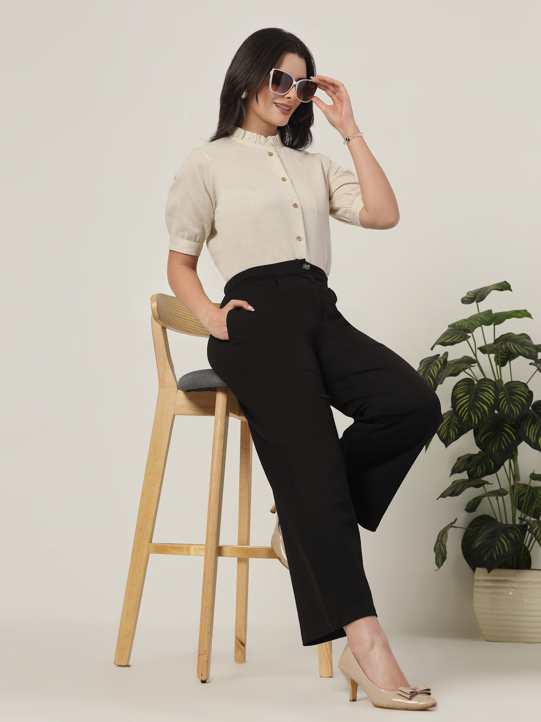 Style Quotient Women Solid Beige Regular Fit Flex Formal Shirt-Shirts-StyleQuotient