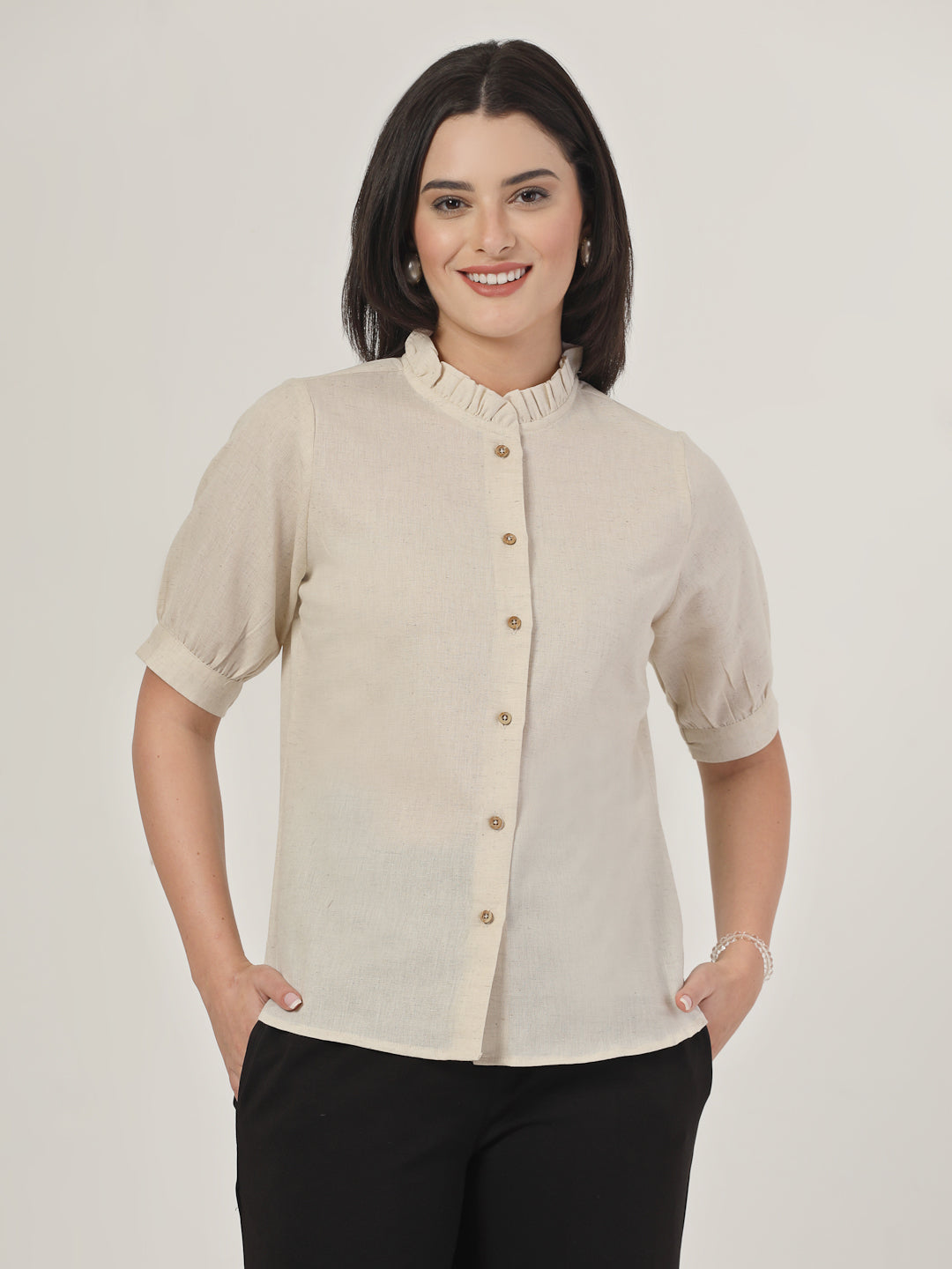 Style Quotient Women Solid Beige Regular Fit Flex Formal Shirt-Shirts-StyleQuotient