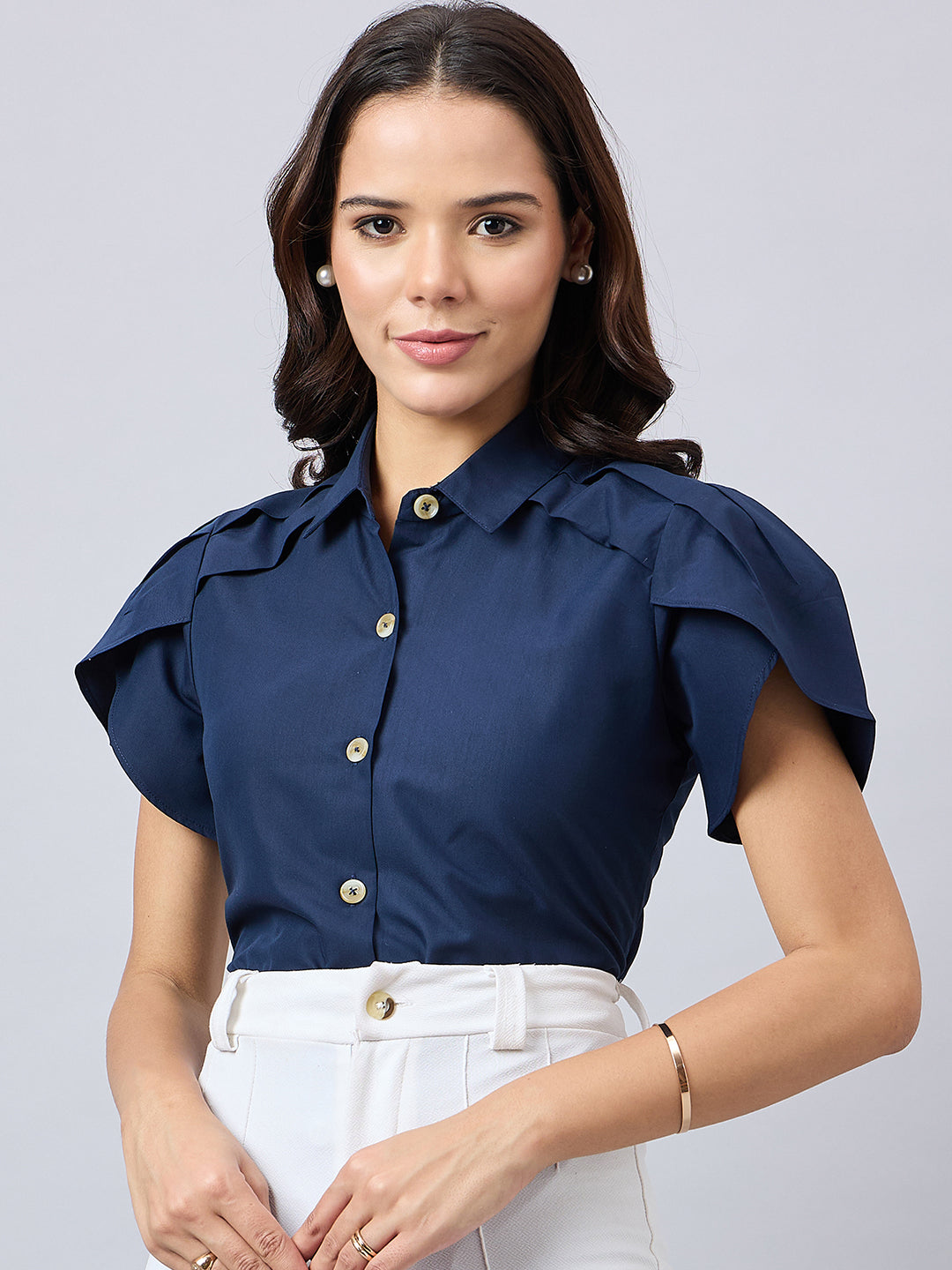 Style Quotient Women Solid Navy Polycotton Regular Fit Formal Tulip Sleeve Shirt-Shirts-StyleQuotient