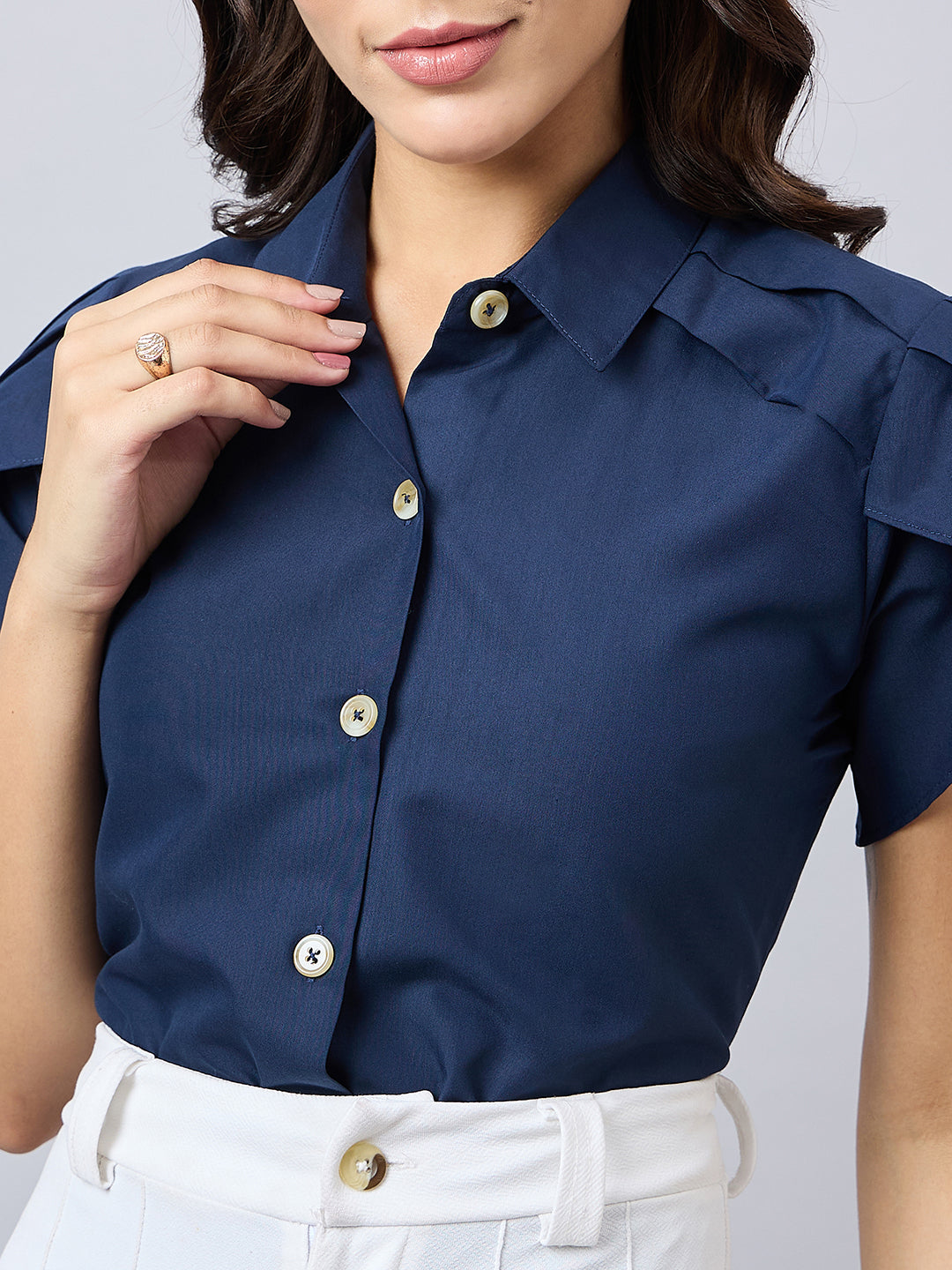 Style Quotient Women Solid Navy Polycotton Regular Fit Formal Tulip Sleeve Shirt-Shirts-StyleQuotient