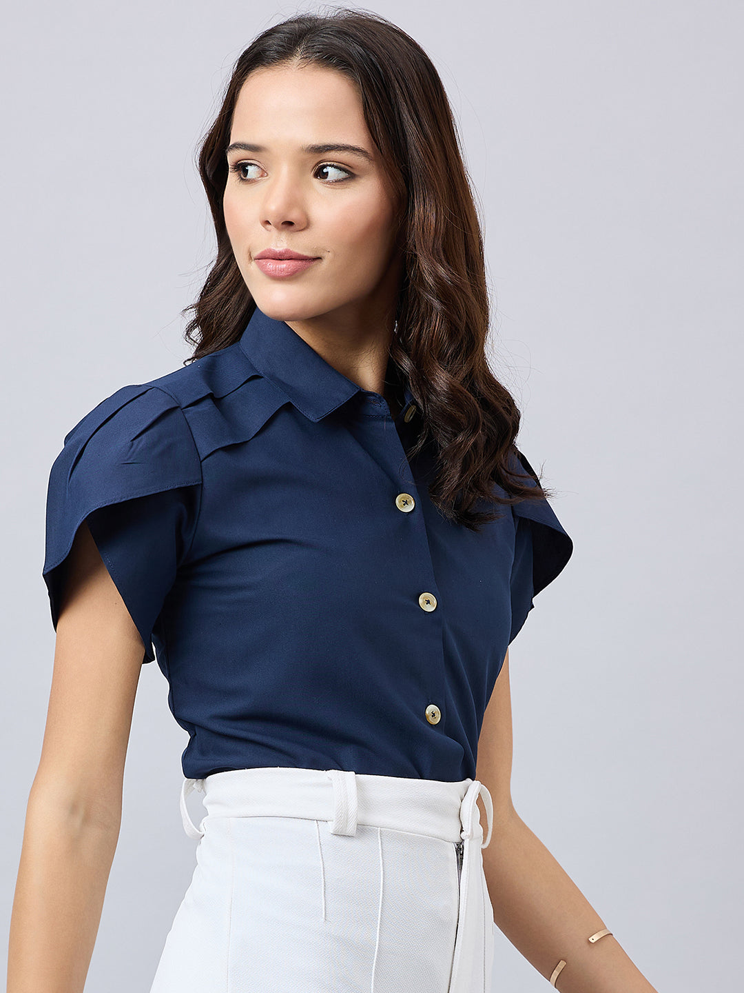 Style Quotient Women Solid Navy Polycotton Regular Fit Formal Tulip Sleeve Shirt-Shirts-StyleQuotient