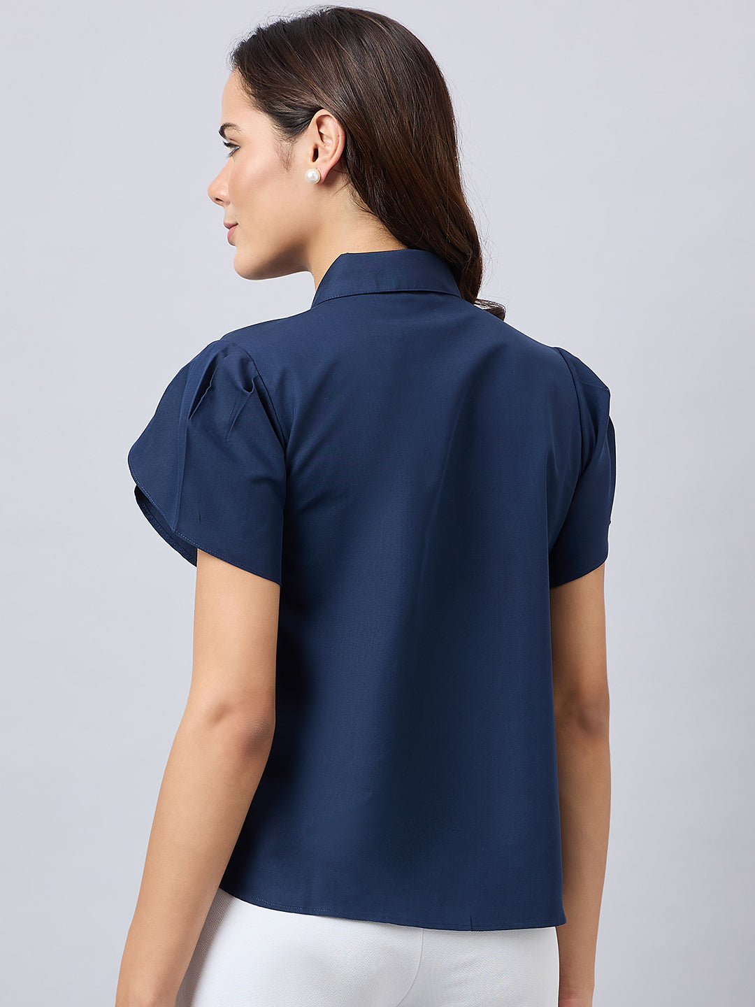 Style Quotient Women Solid Navy Polycotton Regular Fit Formal Tulip Sleeve Shirt-Shirts-StyleQuotient