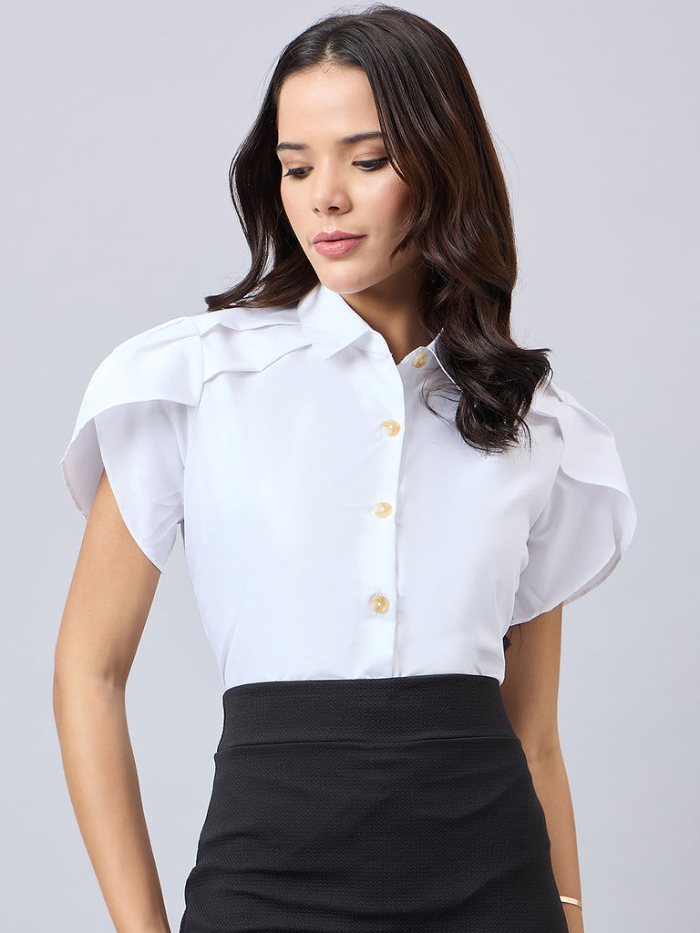 Style Quotient Women Solid White Polycotton Regular Fit Formal Tulip Sleeve Shirt-Shirts-StyleQuotient