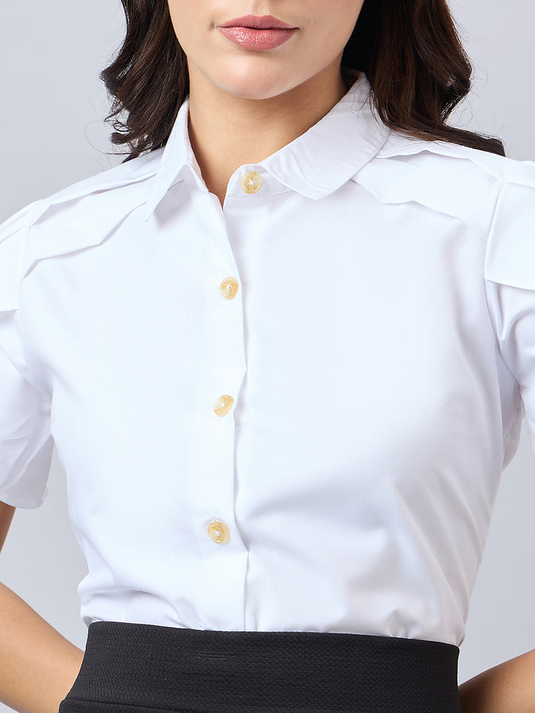 Style Quotient Women Solid White Polycotton Regular Fit Formal Tulip Sleeve Shirt-Shirts-StyleQuotient