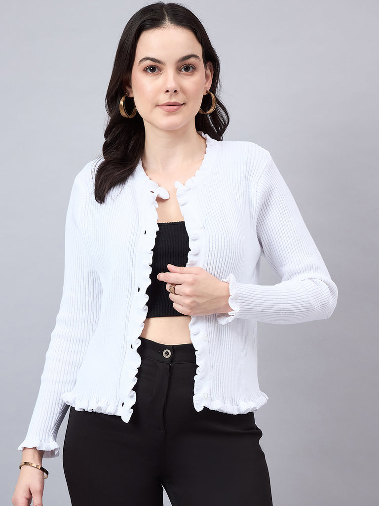 Style Quotient Women Self Design White Flat Knit Smart Casual Shrug-Shrug-StyleQuotient