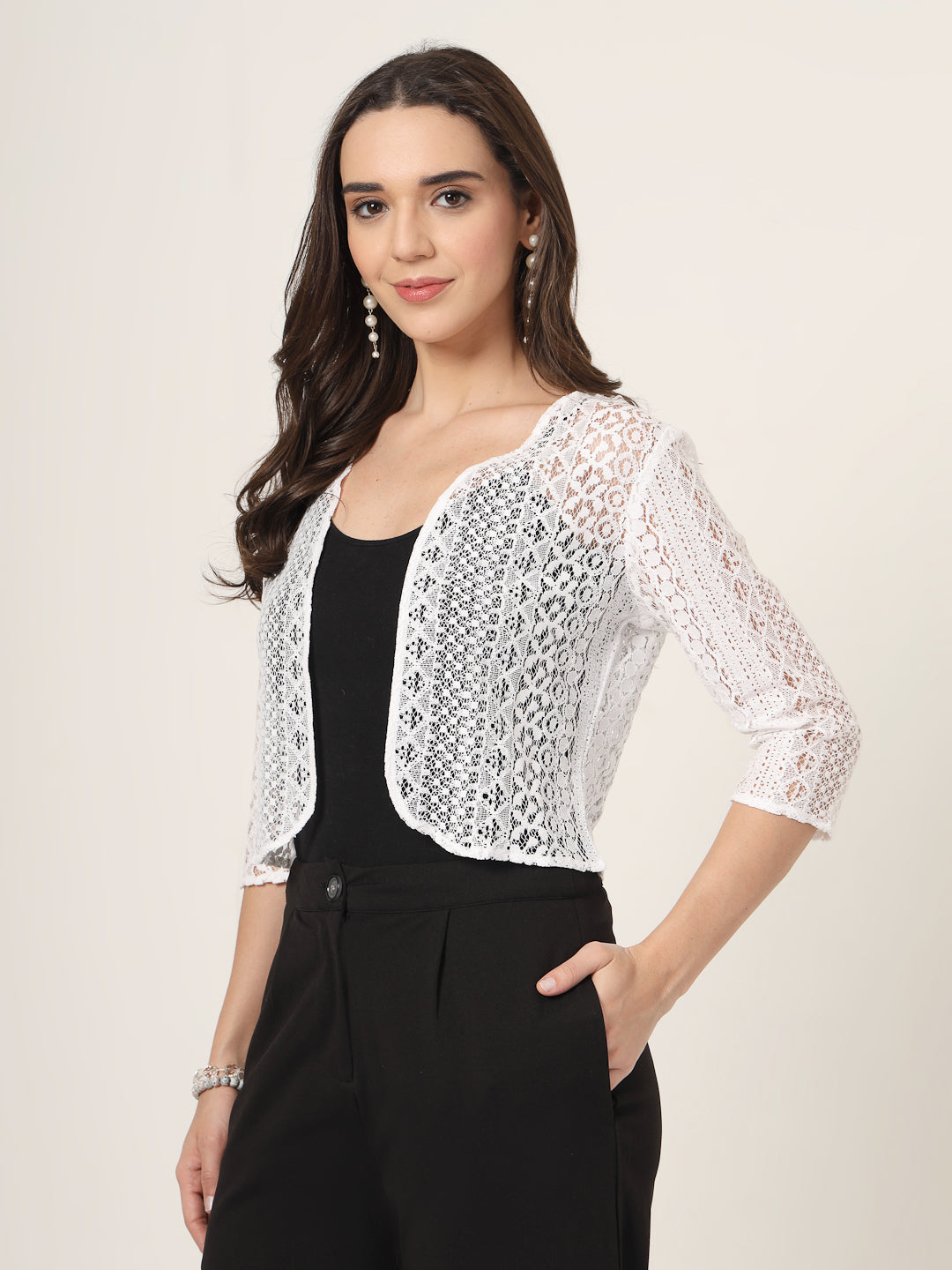 Style Quotient Women White Solid Lace Shrug
