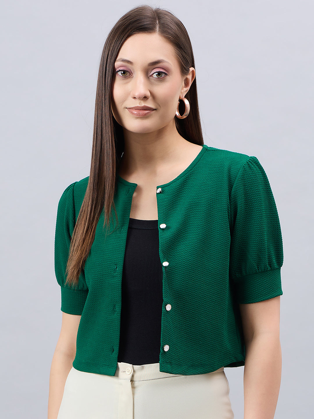 Style Quotient Women Solid Emerald Green Polyknit Casual Open Front Shrug-Shrug-StyleQuotient