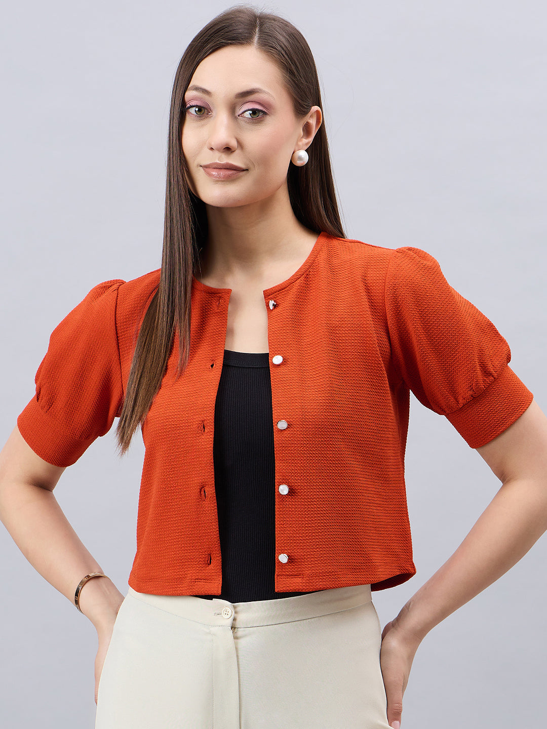 Style Quotient Women Solid Rust Polyknit Casual Open Front Shrug-Shrug-StyleQuotient