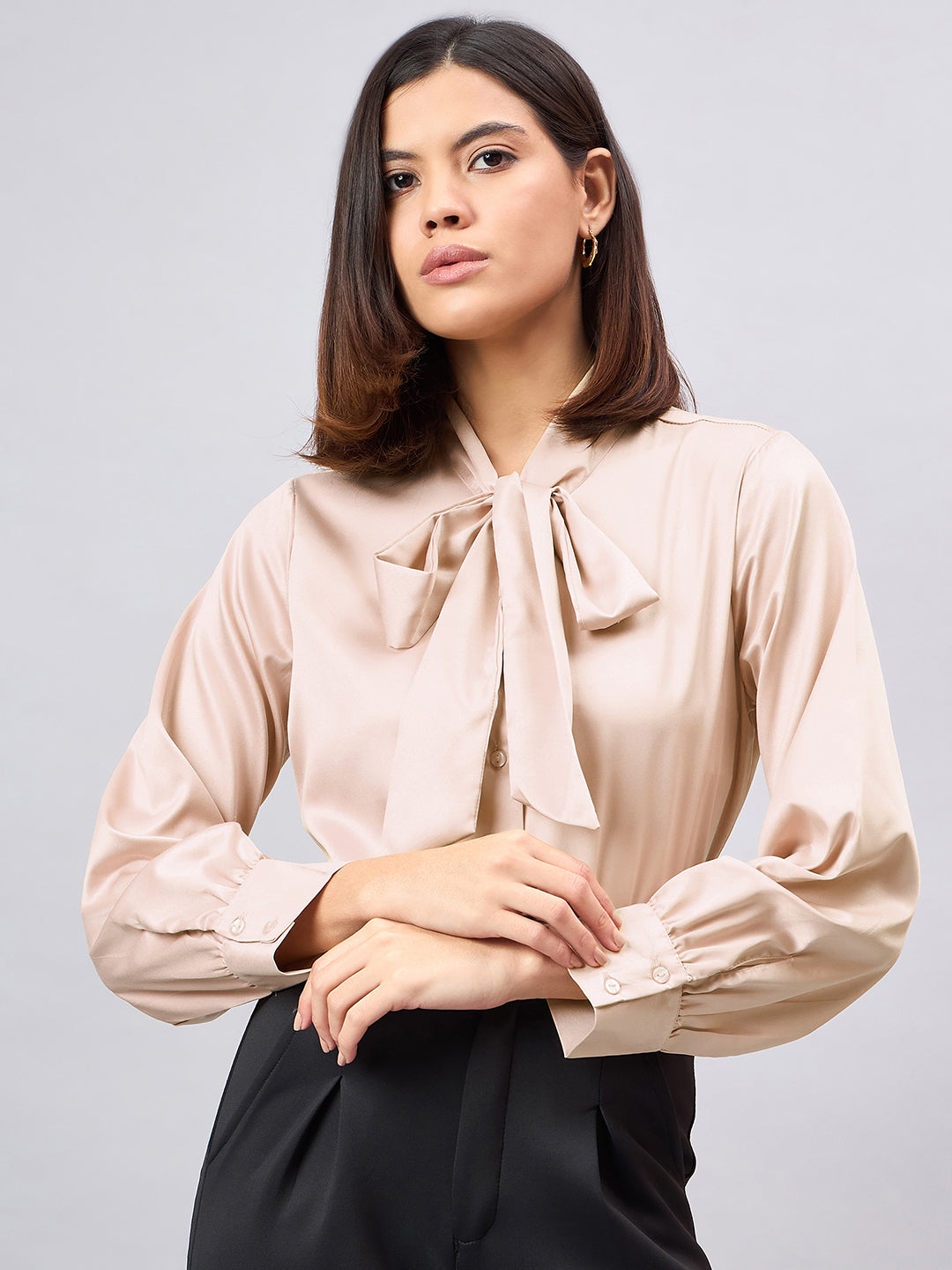 Style Quotient Women Solid Champagne Satin Tie up Regular Formal Shirt-Shirts-StyleQuotient