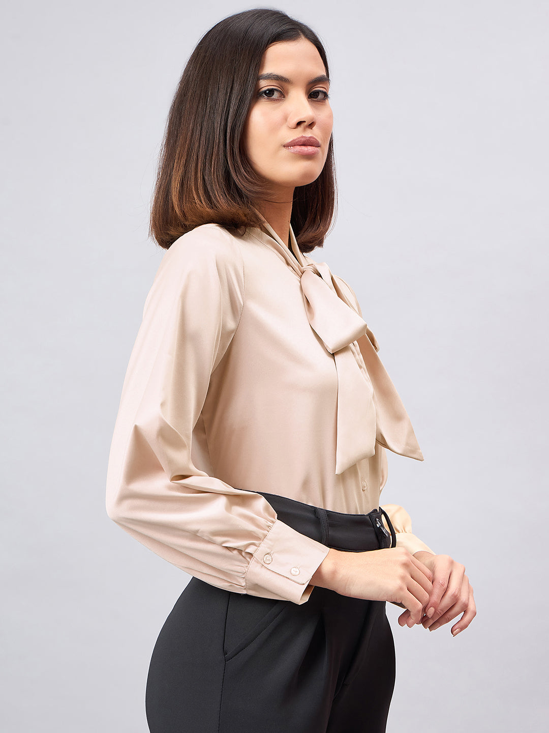 Style Quotient Women Solid Champagne Satin Tie up Regular Formal Shirt-Shirts-StyleQuotient