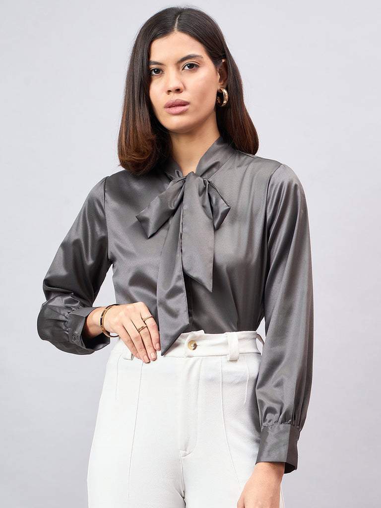 Style Quotient Women Solid Slate Grey Satin Tie up Regular Formal Shirt-Shirts-StyleQuotient