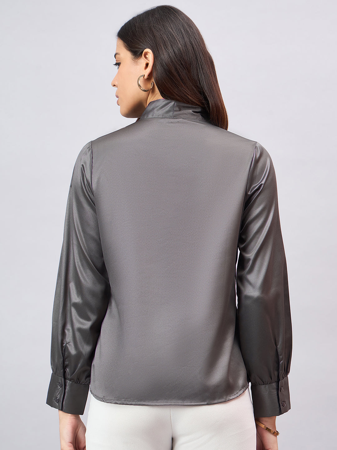 Style Quotient Women Solid Slate Grey Satin Tie up Regular Formal Shirt-Shirts-StyleQuotient