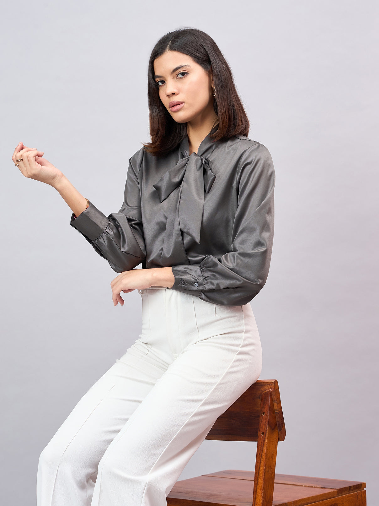 Style Quotient Women Solid Slate Grey Satin Tie up Regular Formal Shirt-Shirts-StyleQuotient