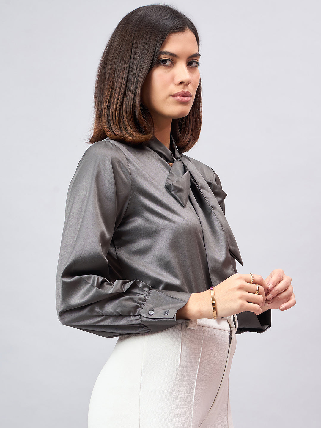 Style Quotient Women Solid Slate Grey Satin Tie up Regular Formal Shirt-Shirts-StyleQuotient