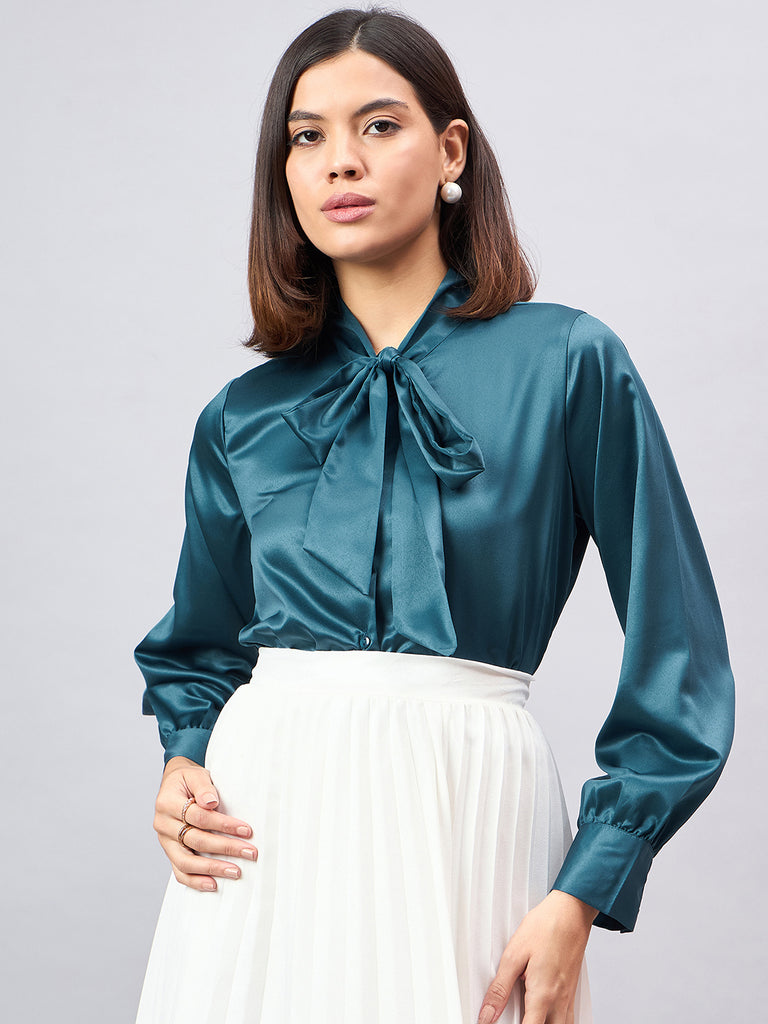 Style Quotient Women Solid Teal Satin Tie up Regular Formal Shirt-Shirts-StyleQuotient