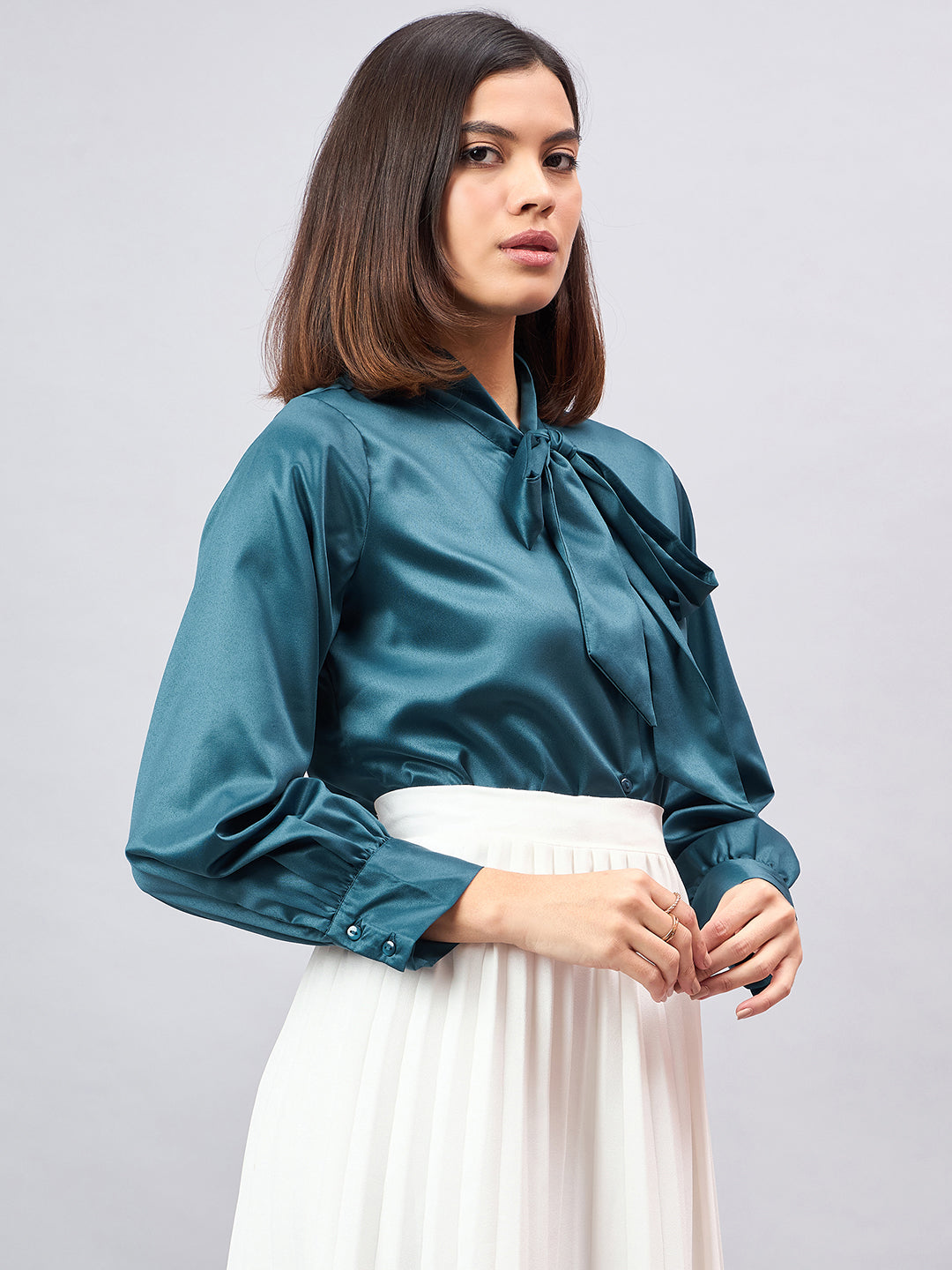 Style Quotient Women Solid Teal Satin Tie up Regular Formal Shirt-Shirts-StyleQuotient