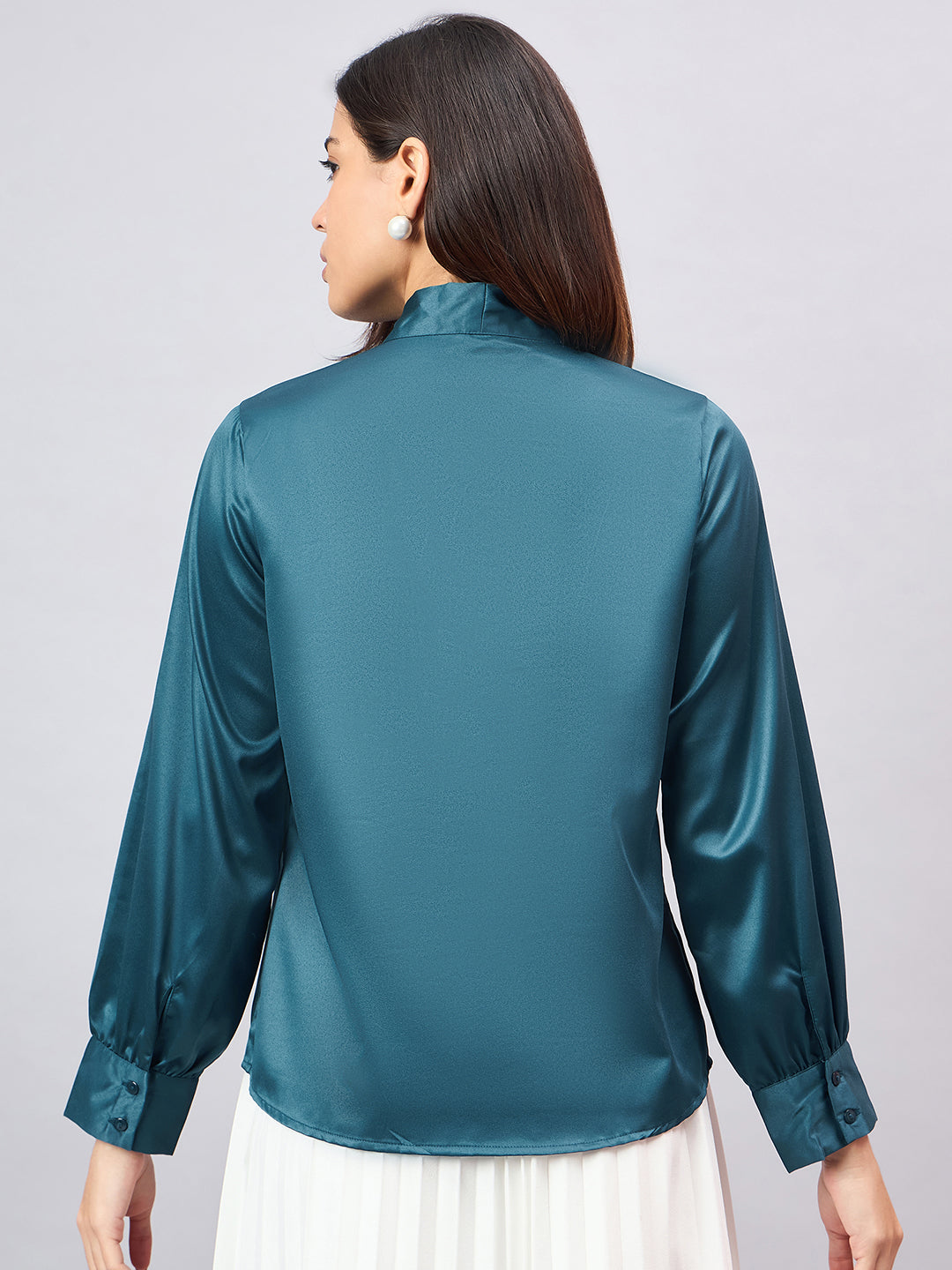 Style Quotient Women Solid Teal Satin Tie up Regular Formal Shirt-Shirts-StyleQuotient