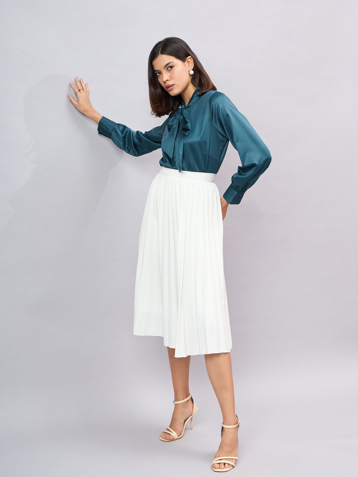 Style Quotient Women Solid Teal Satin Tie up Regular Formal Shirt-Shirts-StyleQuotient