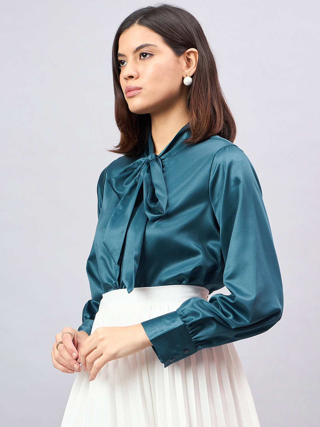 Style Quotient Women Solid Teal Satin Tie up Regular Formal Shirt-Shirts-StyleQuotient