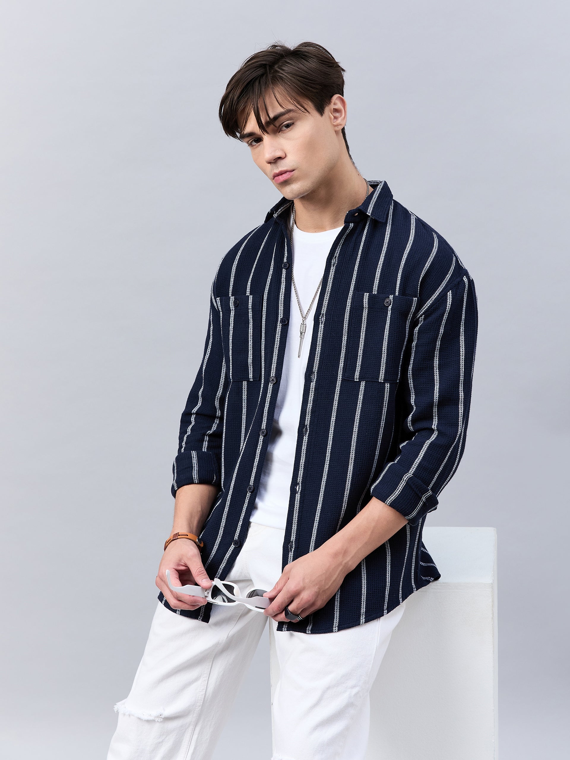 トップス COOTIE / Stripe Broad L/S Shirt - Navy ₹949 | Campus Sutra men's Navy Blue Candy-Striped Shirt - Campussutra