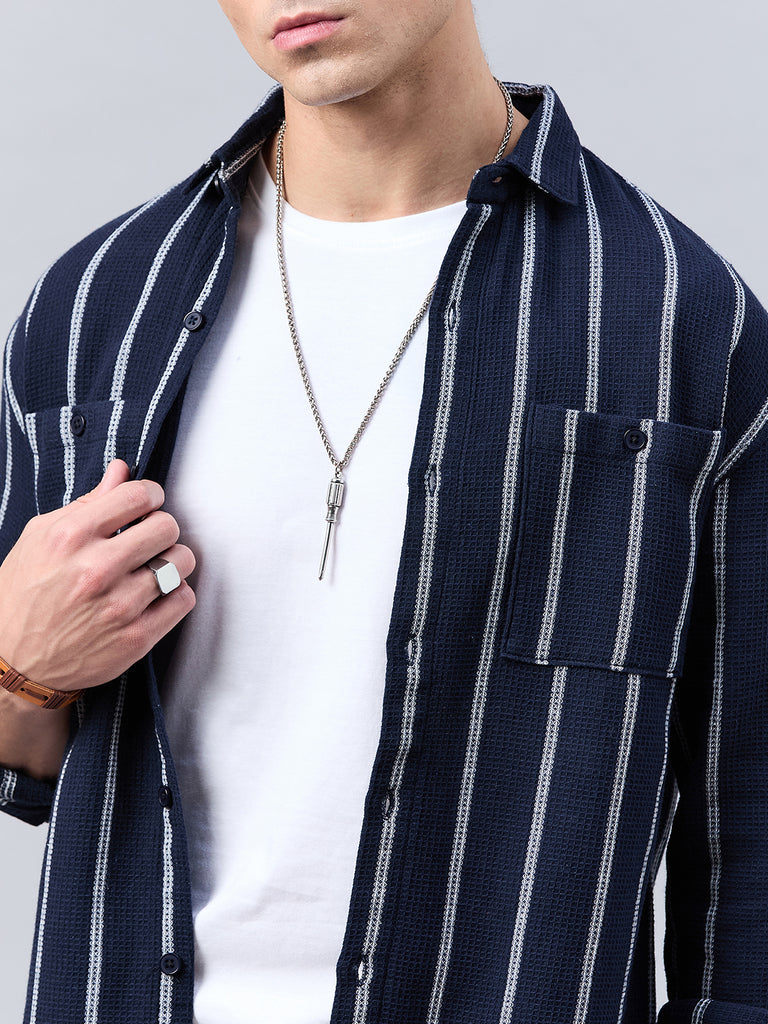 Style Quotient Men Navy Stripe Textured solid Shirt-Mens Shirt-StyleQuotient