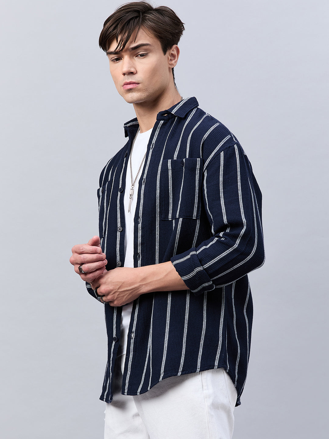 Style Quotient Men Navy Stripe Textured solid Shirt-Mens Shirt-StyleQuotient