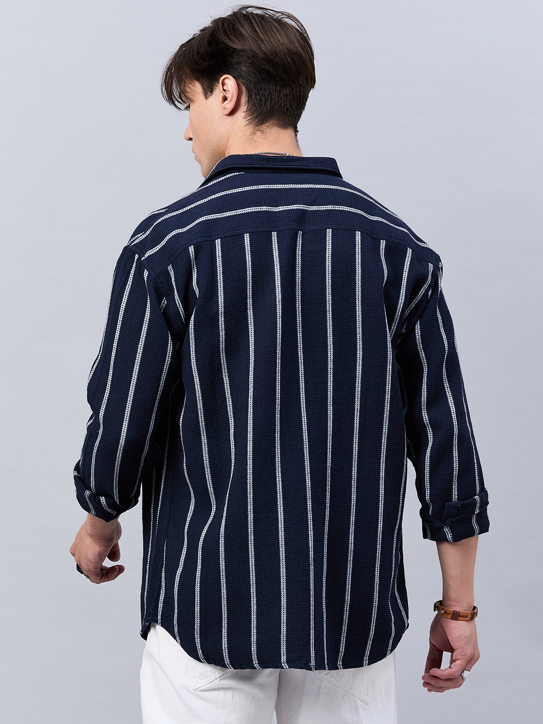 Style Quotient Men Navy Stripe Textured solid Shirt-Mens Shirt-StyleQuotient