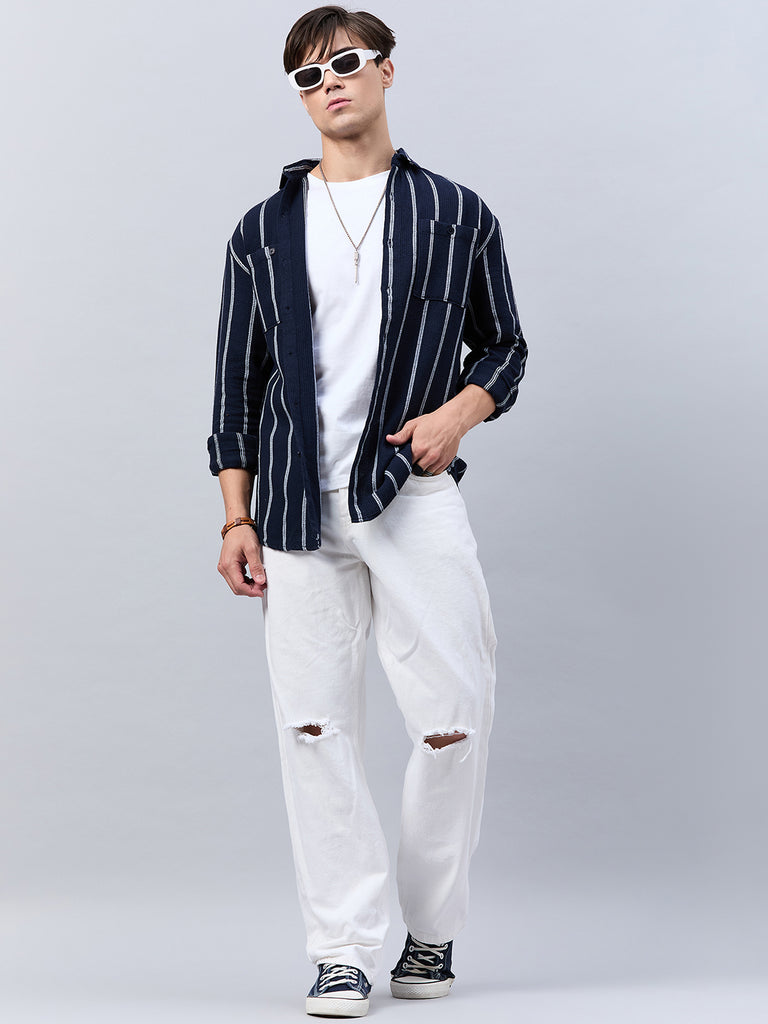 Style Quotient Men Navy Stripe Textured solid Shirt-Mens Shirt-StyleQuotient