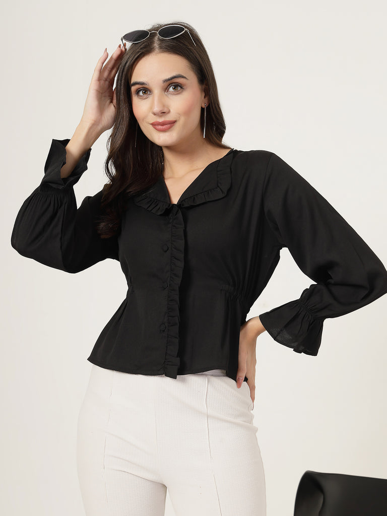 Style Quotient Women Black Textured Frill Top-Tops-StyleQuotient