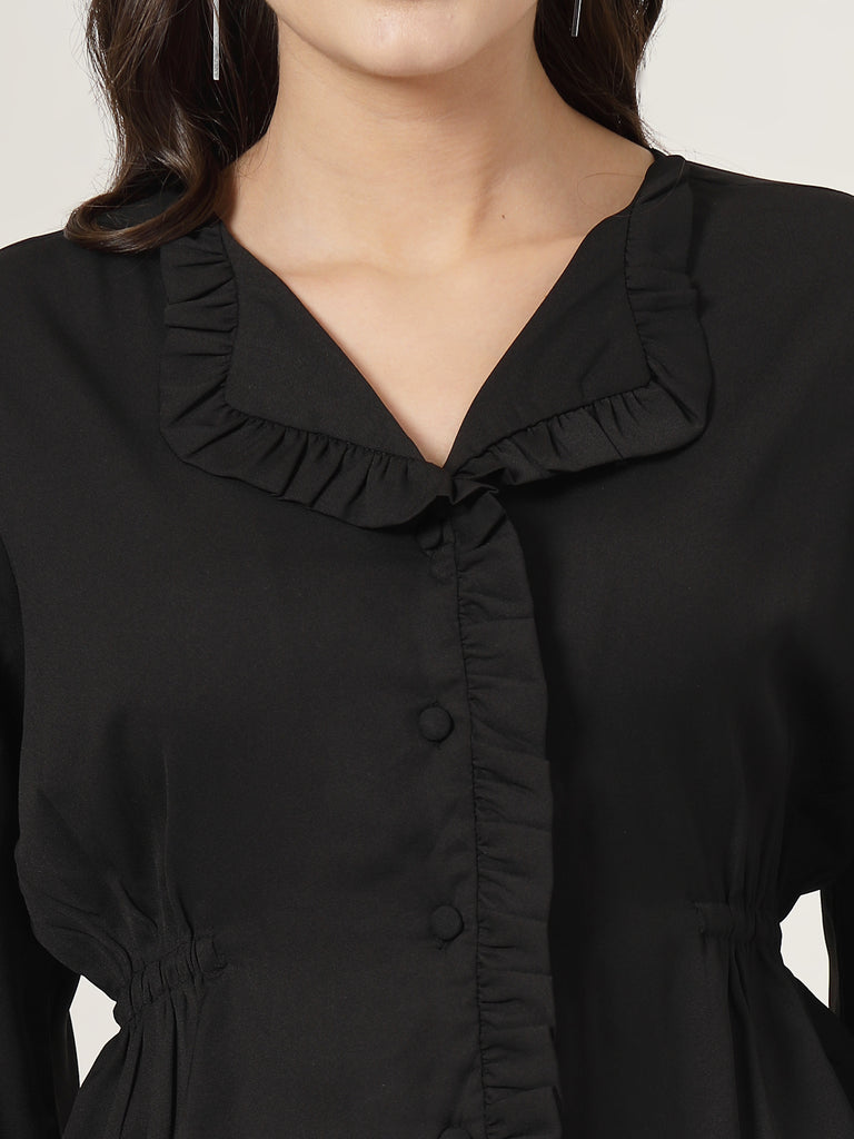 Style Quotient Women Black Textured Frill Top-Tops-StyleQuotient