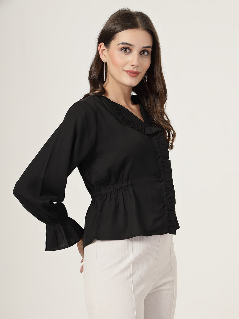 Style Quotient Women Black Textured Frill Top-Tops-StyleQuotient