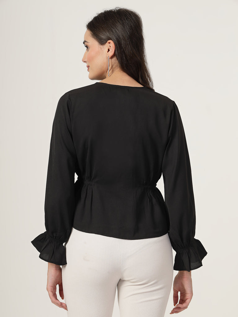 Style Quotient Women Black Textured Frill Top-Tops-StyleQuotient