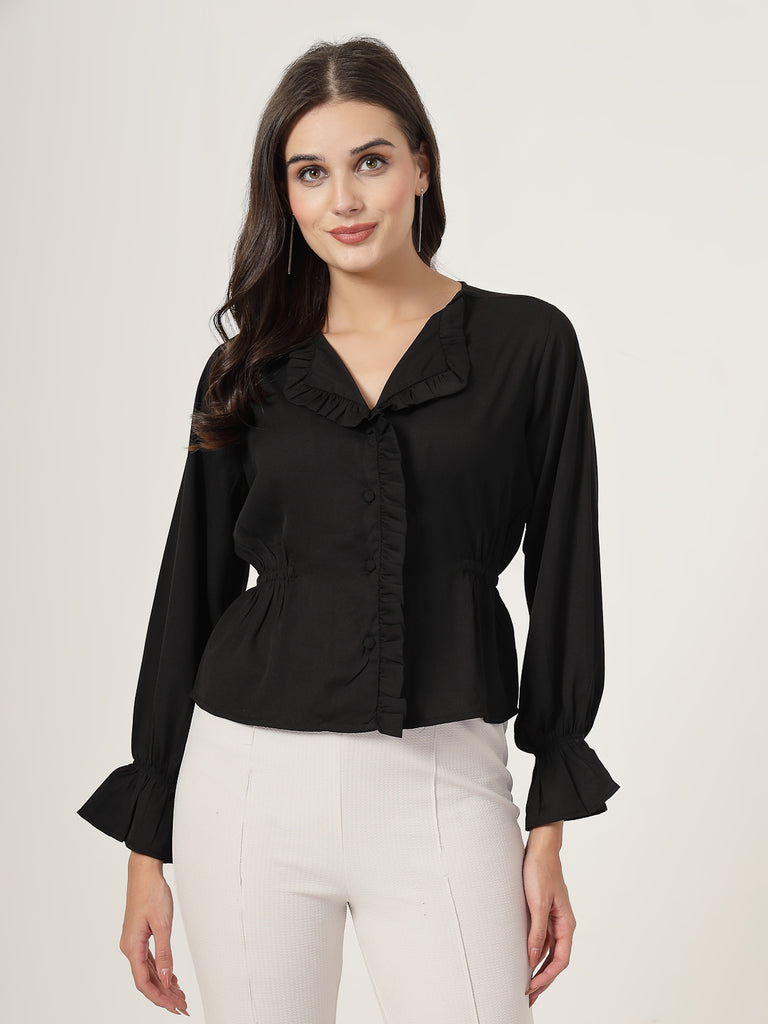 Style Quotient Women Black Textured Frill Top-Tops-StyleQuotient