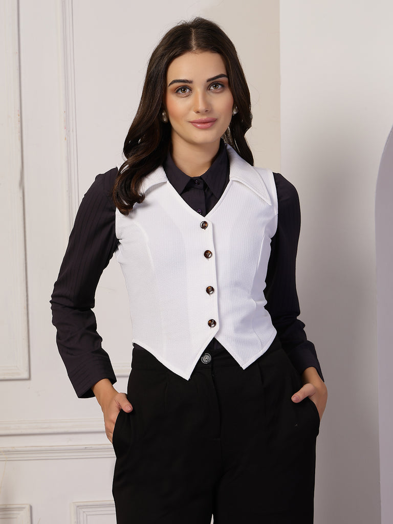 Style Quotient Women White Fitted Sleeveless Waistcoat-Waistcoat-StyleQuotient