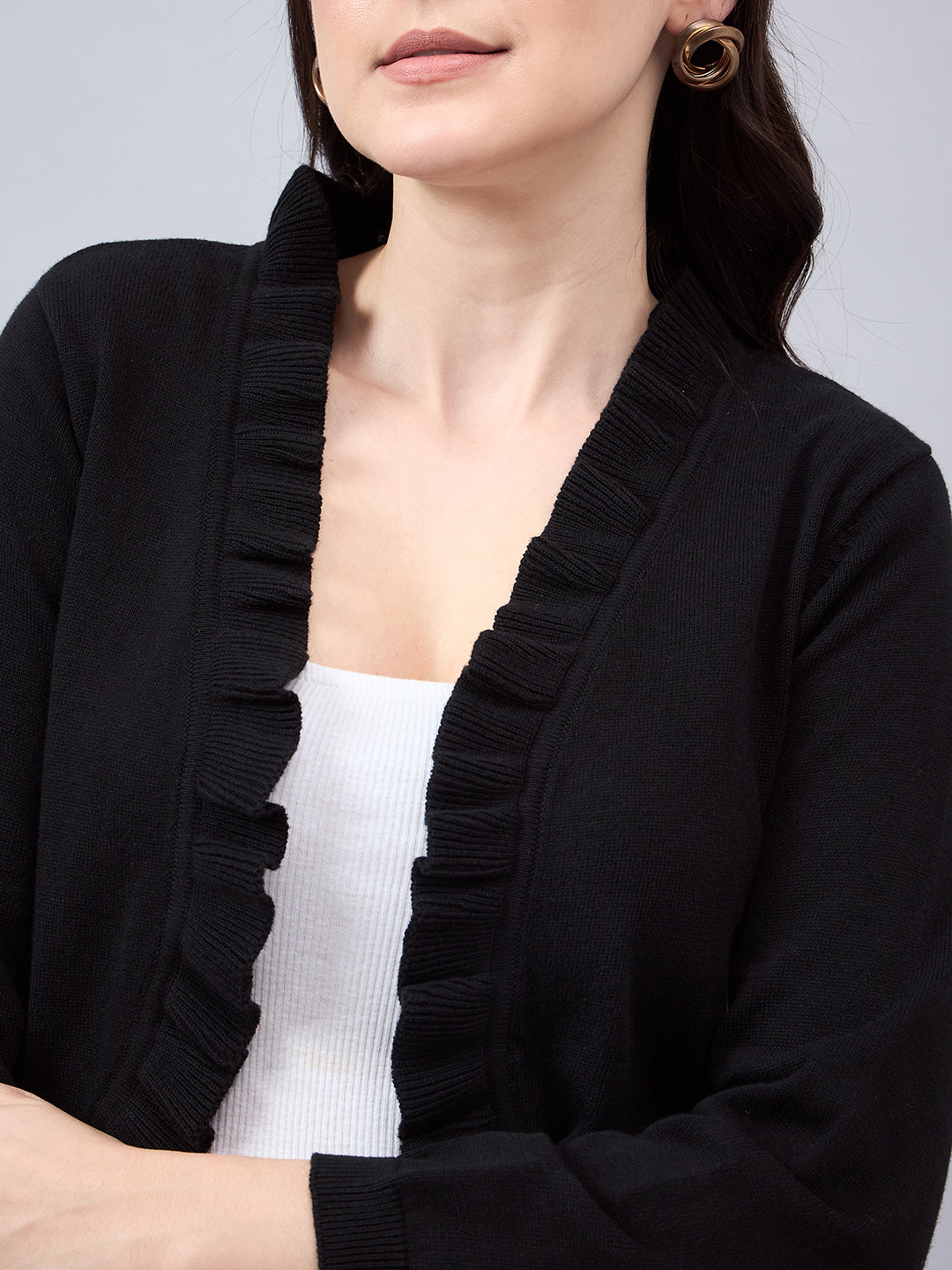 Style Quotient Women Solid Black Flat Knit Smart Casual Ruffled Shrug-Shrug-StyleQuotient