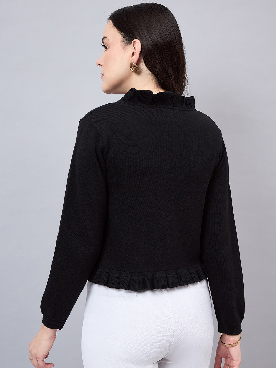 Style Quotient Women Solid Black Flat Knit Smart Casual Ruffled Shrug-Shrug-StyleQuotient