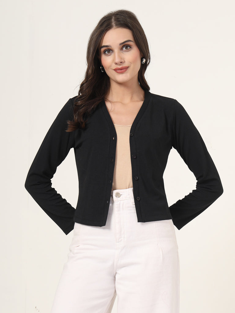 Style Quotient Women Black Knit Button down Shrug-Shrug-StyleQuotient