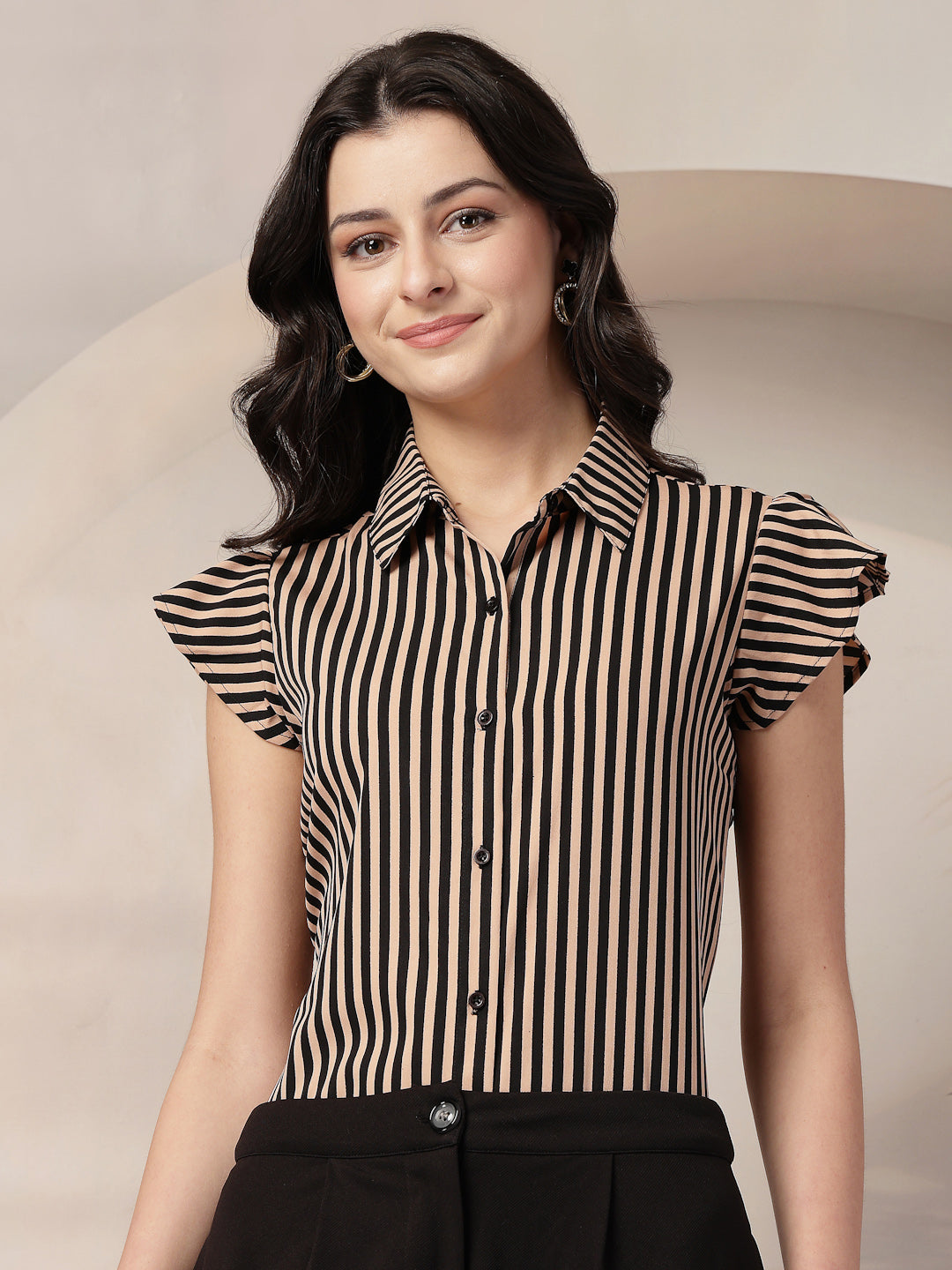 Style Quotient Women Nude Black Stripe Polycrepe Formal Shirt-Shirts-StyleQuotient